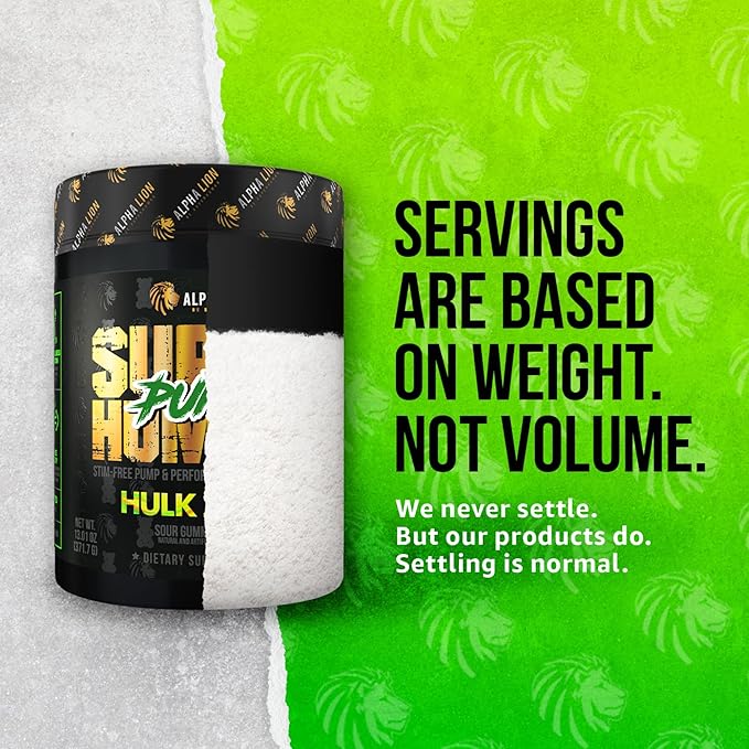 ALPHA LION Superhuman Pump Pre Workout Powder, Nootropic Caffeine & Stim Free Preworkout Supplement, Nitric Oxide Booster, Muscle Gainer, Energy & Focus (42 Servings, Hulk Juice Flavor)