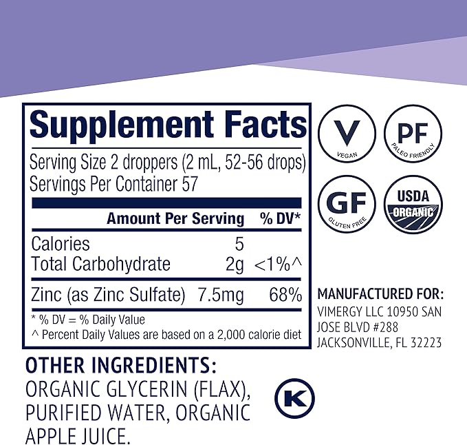 Vimergy Liquid Organic Zinc – Fast-Absorbing Immune Support* – Promotes Healthy Bones & Skin – USDA Certified Organic, Vegan, Non-GMO – 57 Servings (115 mL)