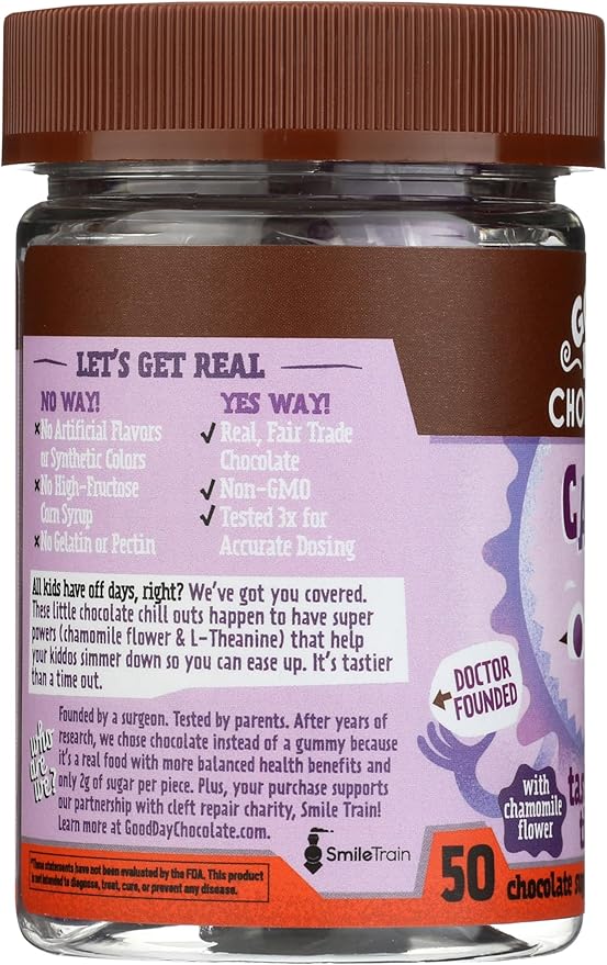 Good Day Chocolate Natural Calming Supplement for Kids, Blend of Camomile, L-Theanine, Fair Trade and Non-GMO Chocolate, 50 Pieces