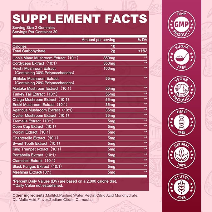 Super Mushroom Complex Gummies, 20-IN-1 Lion's Mane Supplement Gummies - Mushroom Supplement with Cordyceps, Reishi etc, Support for Brain Health, Focus & Clarity, Non-GMO,Raspberry Flavor,60 Gummies