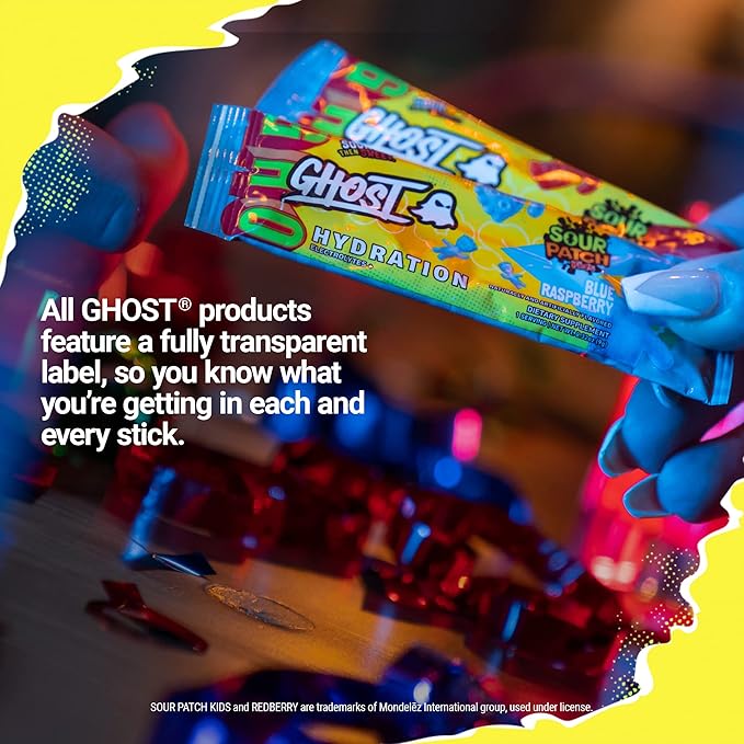 GHOST Hydration Packets, Sour Patch Kids Blue Raspberry, 24 Sticks, Electrolyte Powder - Drink Mix Supplement with Magnesium, Potassium, Calcium, Vitamin C - Vegan, Free of Soy, Sugar & Gluten