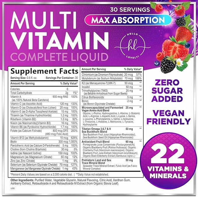 Multivitamin for Women, Men & Kids - Multi Vitamins Liquid & Multimineral, Vegan & Sugar Free, Vitamins A, C, D3, E, B6, B12 & Zinc, Womens Multi Vitamin & Immune Support, Berry Flavor - 15 Fl Oz