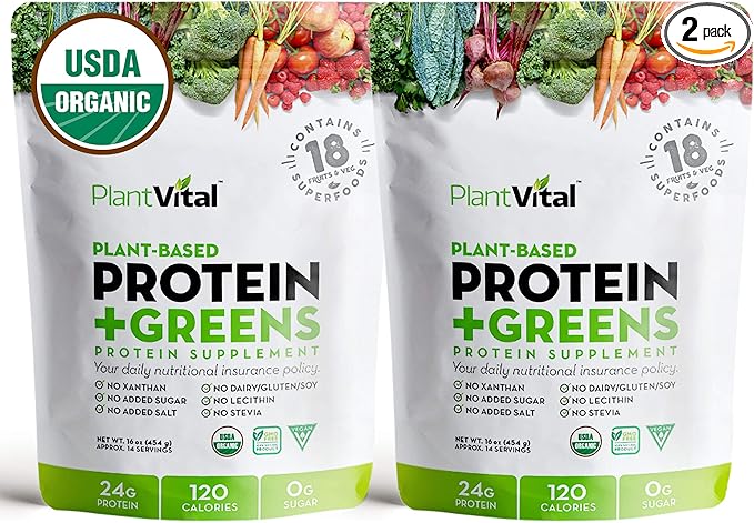 Plantvital Unflavored Organic Vegan Protein Powder - 18 Superfoods, Veggies and Probiotics - Organic Plant-Based Protein Powder - All BCAAβs, Gluten Free - 16oz (Pack of 2)