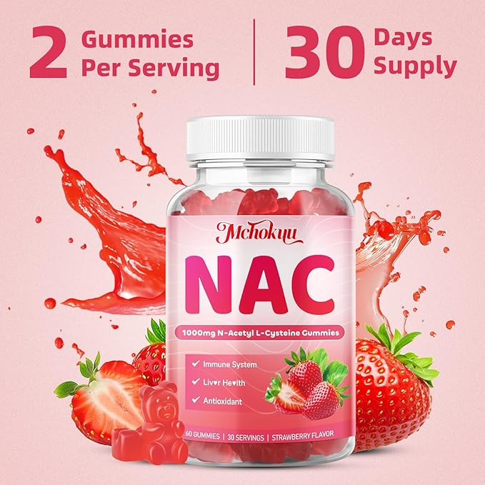 NAC Gummies 1000mg, N-Acetyl Cysteine Supplement for Adults & Kids Immune Support Liver Detox & Lung Health Antioxidant Supplement, Sugar-Free, Vegan, Strawberry Flavor, 120 Gummies