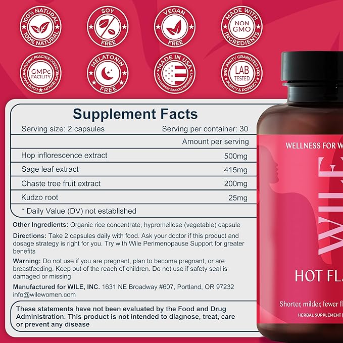 WILE Menopause and Perimenopause Supplements for Women - Hot Flashes and Night Sweats Relief with Kudzu Root - Premenopause Support for Stress, Hot Flash, Hormone Balance & Restful Sleep, 30 Servings