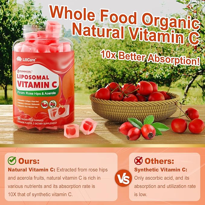 Liposomal Vitamin C 1000mg Filled Gummies for Adults & Kids 9+, 1660mg Blend w/ Echinacea, Elderberry, D3, Zinc, Iron, Bioflavonoid,Astaxanthin - Natural Organic Chewable Vitamin C Gummies, Sugar Free