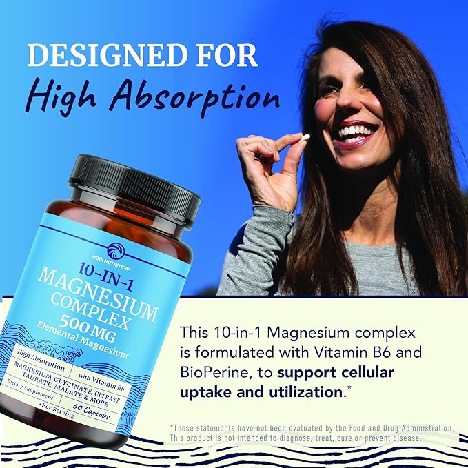 10 in 1 Magnesium Complex Supplement 500MG | Magnesium Citrate, Mag Glycinate, Malate & More | High Absorption Mag Complex with Vitamin B6 | Bone, Muscle & Heart Health Support | Non-GMO | 60 Ct.