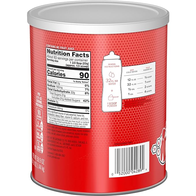 G ESSNTL Organic Gatorade Thirst Quencher Powder, Strawberry, 50.9 oz Canister (Pack of 3)