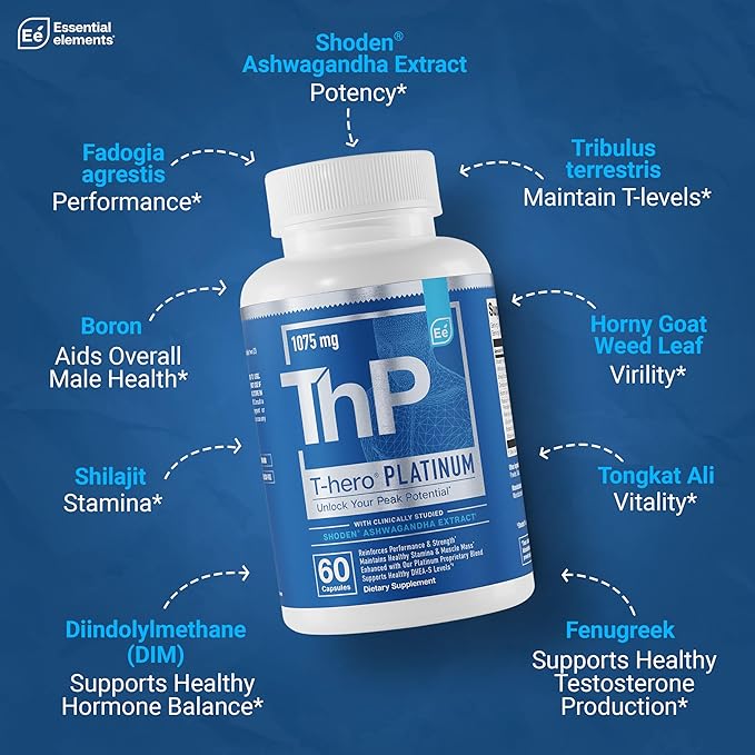 Essential Elements T-Hero Platinum Male Health Supplement for Mens Health - Muscle Growth Support & T-Health with Shoden Ashwagandha, Shilajit, DIM & More - Gym Supplements for Men - 60 Caps