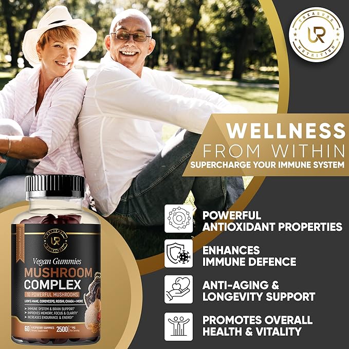 Mushroom Gummies | 10 Mushroom Supplement - 2500mg - Turkey Tail, Chaga, Reishi, Cordyceps & Lions Mane Organic Mushroom Extracts, Nootropic Brain Booster For Focus, Memory, Clarity, Energy | 60ct