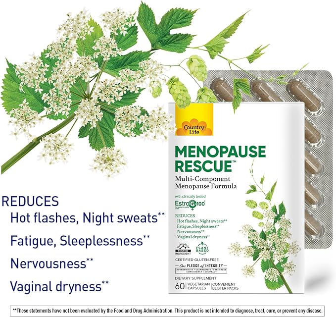 Country Life Menopause Rescue – Multi-Component Menopause Formula – Convenient Blister Packs – Plant Based - Provides Complete Care of Major Menopausal Symptoms– 60 Vegetarian Capsules