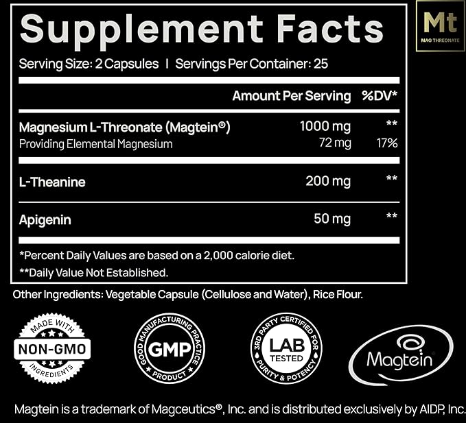 ELMNT Triple Sleep Magnesium Threonate w. Apigenin, Theanine & Magtein Magnesium L-Threonate - Highest Absorption Magnesium Supplement Capsules Natural Sleep Aid for Deep Sleep Calm & Stress Relief