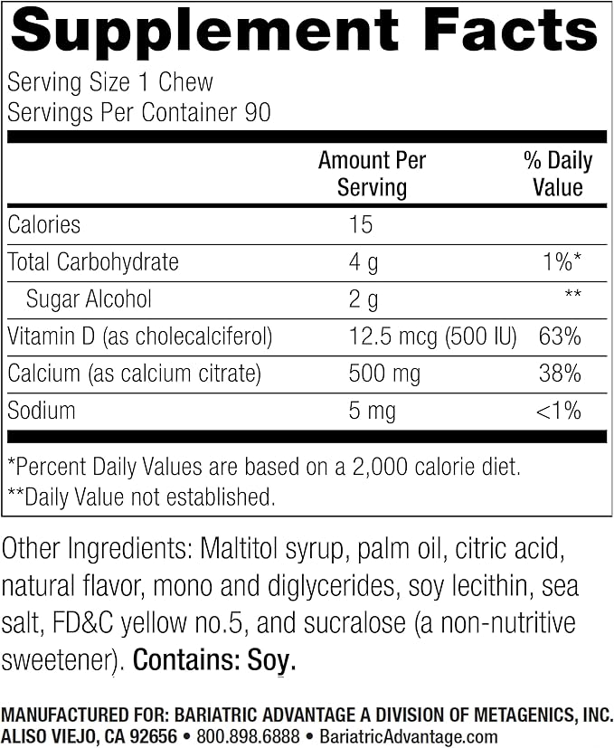 Bariatric Advantage Calcium Citrate Chewy Bites 500 mg - for Bariatric Surgery Patients - Vitamin D3 - Sugar-Free Chewable Calcium Supplement - Bariatric Calcium Chews - Lemon Flavor - 90 Count
