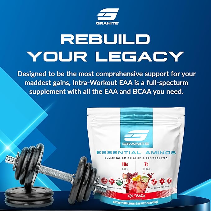 Granite Essential Amino Acids Powder for Muscle Recovery and Growth with 10g EAAs and 7g BCAAs - Soy-Free, Gluten-Free, 448g (30 Servings), Fruit Punch Flavor