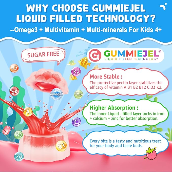Omega 3 Gummies (EPA/DHA) for Kids 4+, Kids Multivitamin A B1 B2 B12 C D3 K2, Calcium Gluconate, Zinc, Selenium, lodine for Brain Cognition, Eye, Bone, Energy, Immune, No Fish Taste,Sugar Free