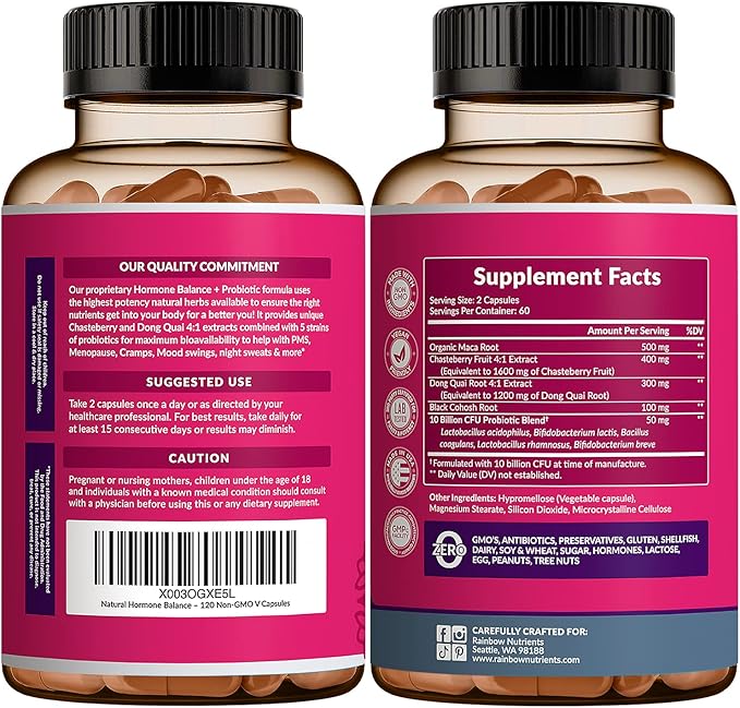 Hormone Balance + Probiotics for Women- Natural Menopause Relief, Weight Management, Bloating, Hot Flashes, PMS | Organic Maca, Chasteberry, Dong Quai & Black Cohosh | Non GMO |120 V Capsules