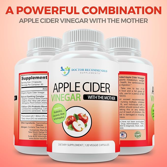 Apple Cider Vinegar Capsules - 100% Organic Apple Cider Vinegar Pills 1500 mg - Natural Digestion, Immune Booster Support & Cleansing Supplement with Probiotics - Made in The USA