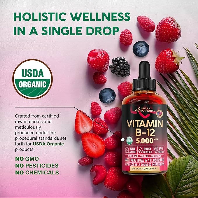 USDA Organic Vitamin B12 Sublingual Drops - 5000 mcg Liquid Vegan Methylcobalamin - Energy Boost, Focus & Mood, Metabolism & Brain Health Support - Maximize Absorption - 4 Month Supply, 4 fl oz