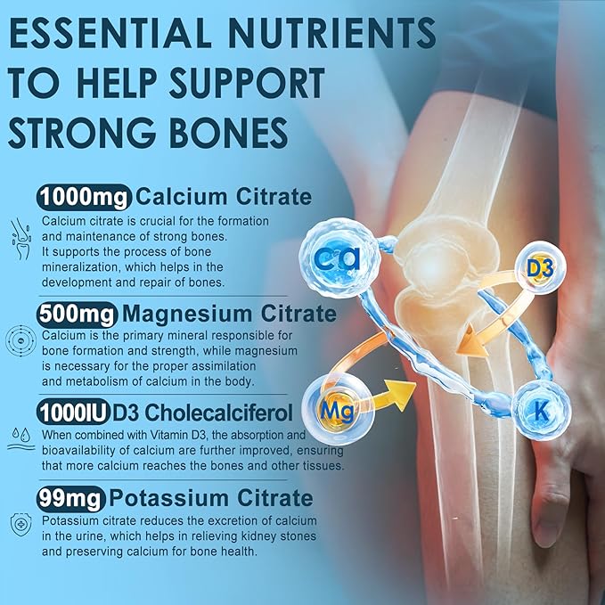 Calcium Citrate Gummies 1000mg, Easily Absorbed Calcium with Magnesium 500mg, Zinc, D3, B6 & Potassium, Chewable Calcium Supplement for Women & Men, Bone & Teeth, Muscle & Immune Support, Vegan 60Cts