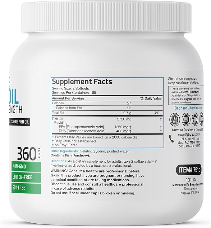 Bronson Omega 3 Fish Oil Triple Strength 2720 mg, High EPA 1250 mg DHA 488 mg, Non-GMO Heavy Metal Tested, 360 Softgels