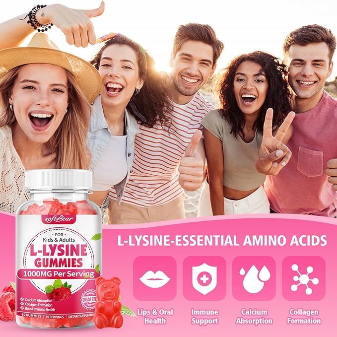 softbear L-Lysine Gummies for Adults & Kids, L Lysine 1000mg Chewable Lysine Supplement for Lips & Oral Health, Immune & Collagen Support, Vegan, Non GMO, Gluten-Free, Raspberry Flavor 60 Count