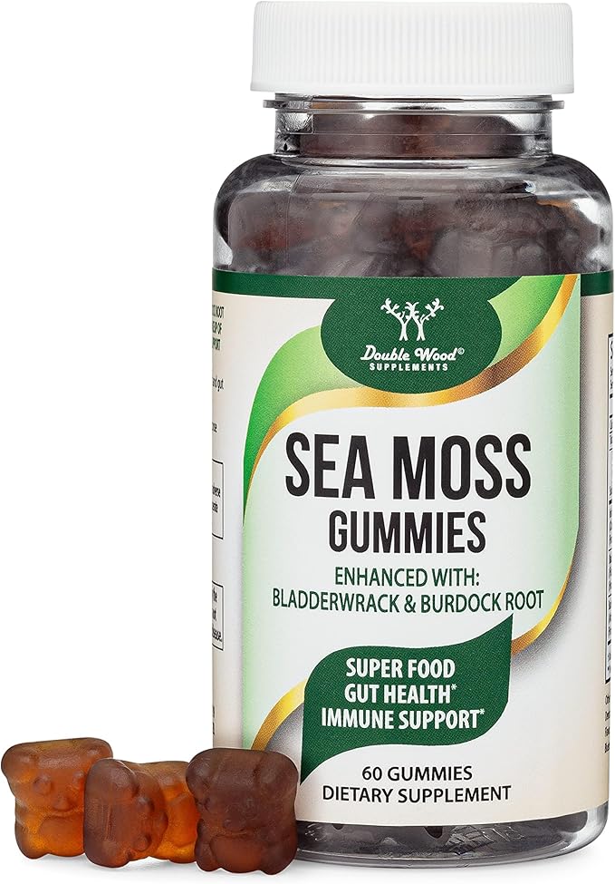 Sea Moss Gummies for Adults Max Strength 3,000mg (60 Irish Sea Moss Gel Gummies Enhanced with Bladderwrack and Burdock Root) Superfood Gummies for Immune Support (Non-GMO, Gluten Free) by Double Wood