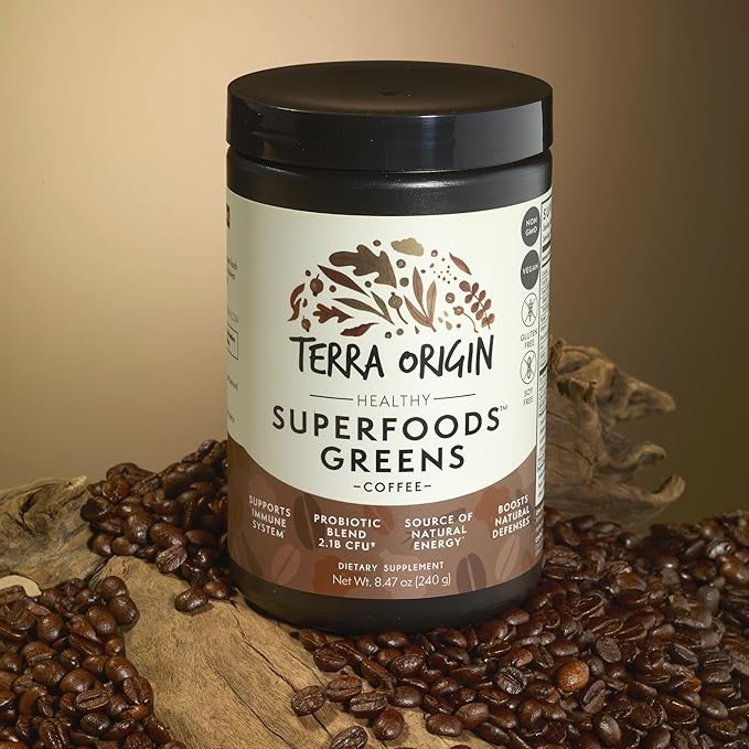 TERRA ORIGIN Superfoods Greens Immune Defense and Digestive Support | Probiotics, Organic Vegetables, Digestive Enzymes | Non-GMO, Gluten-Free, Dairy Free, Vegan | 30 Servings | Coffee Flavor