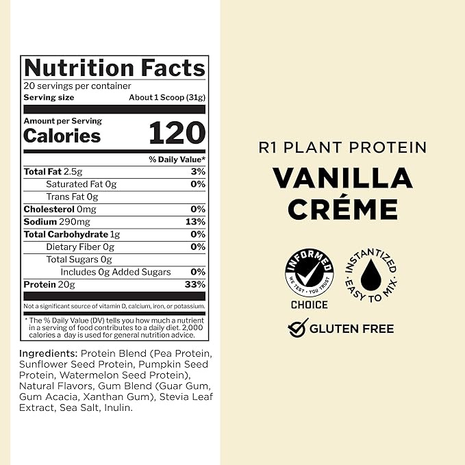 Rule One Proteins, R1 Plant Protein - Vanilla Crème, 20g Plant-Based Protein from 4 Protein Sources, 9 EAAs, Vegan and Paleo Friendly, Gluten Free, 1.5 Pounds, 20 Servings