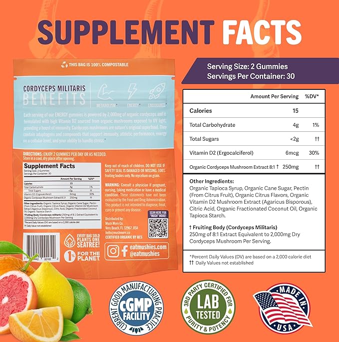 Mushie 100% Organic Cordyceps Mushroom Gummies - 2000mg Cordyceps Militaris Nootropic for Energy & Immune Support with Vitamin D - Vegan, Gluten-Free - 60 Count