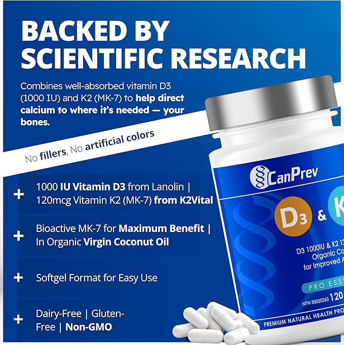 CanPrev D3 & K2 Vitamins 120 Softgels, 120-Day Supply, 1000IU Vitamin D3 & 120mcg K2, Supports Strong Bones, Teeth & Heart Wellness, Easy-to-Absorb with Organic Coconut Oil, No GMO, Gluten, Soy, Dairy