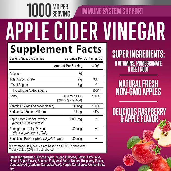 Vegan Apple Cider Vinegar Gummies 1000mg for Detox & Cleanse, ACV Gummy Vitamin B12 for Digestion Metabolism & Immune Health Support, Natural Apple Raspberry Flavor, Gluten Free - 60 Gummies