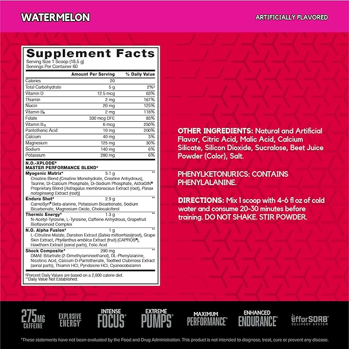 BSN N.O.-XPLODE Pre Workout Powder, Energy Supplement for Men and Women with Creatine and Beta-Alanine, Flavor: Watermelon, 60 Servings
