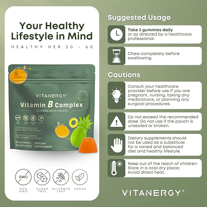 Tropical B Complex Gummies for Women – Sugar-Free, Vegan, Non-GMO – 7 B Vitamins + Iron, Energy & Immune Support – Travel Pouch, Made in USA, 60 Count