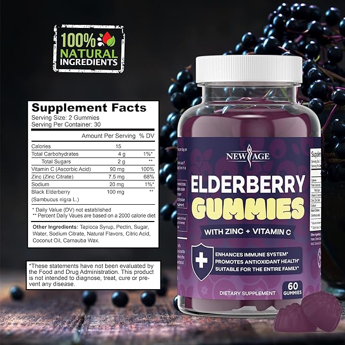 NEW AGE (2-Pack) Premium Elderberry Gummies for Adults Kids with Vitamin C, Zinc, Propolis - Sambucus Black Elderberry Gummy Extract - Gluten Free & Vegetarian - 120 Gummies
