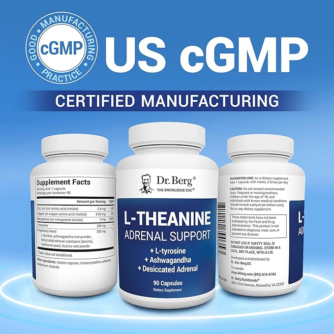 Dr. Berg L-Theanine 200mg - Includes Zinc, Copper, L-Tyrosine, & Ashwagandha – L-Theanine Supplement Adrenal Support - for Relaxation, Stress Relief, and Mental Clarity* – 90 Gelatin Capsules