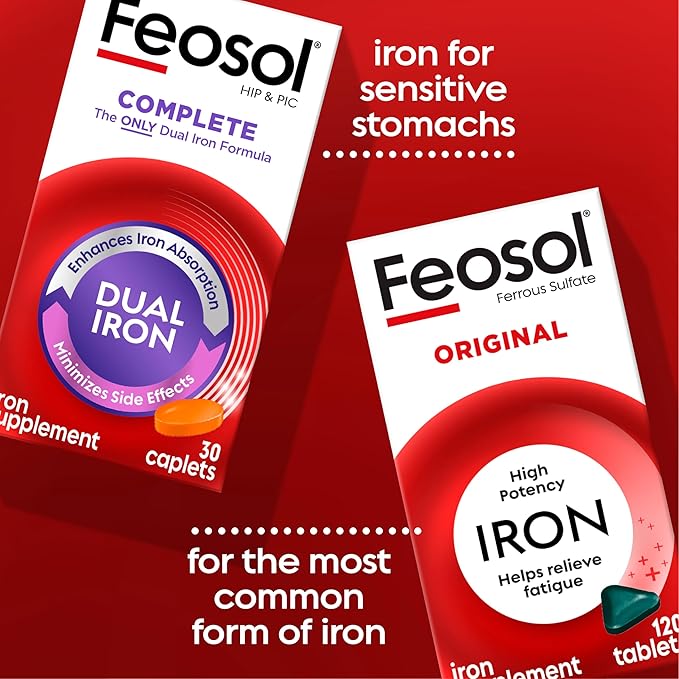 Feosol Complete Iron Supplement Tablets, Non-heme, 325mg Ferrous Sulfate (65mg Elemental Iron) per Iron Pill, 1 Per Day, 30 Count (Pack of 2, Total 60 Count), for Energy and Immune System Support