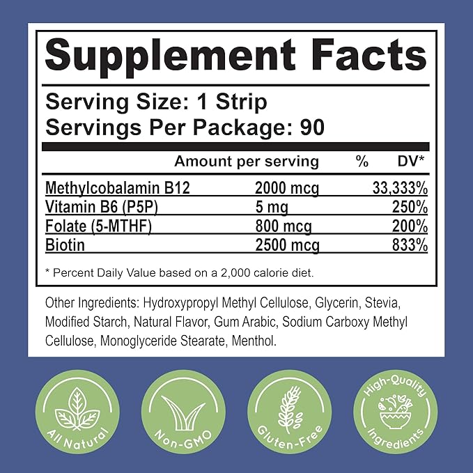 2,000 mcg Methylcobalamin Vitamin B12 Sublingual Energy Strips | Biotin, B6, 5-MTHF L-Methylfolate | Sublingual B12 Vitamins, Folate | Energy, Brain Health, Nerve Function - 90 Strips