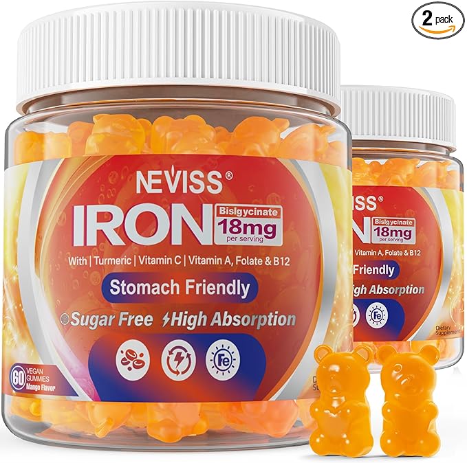 Vegan Iron Gummies Supplement with Vitamin C, B12, Folate & Turmeric - Energy & Immune Health | Gummy Iron Bisglycinate 18mg Gentle & Non-Constipating for Iron Deficiency, Anemia Women Men, 2 Pack