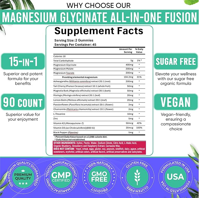 90ct 15-in-1 Magnesium Glycinate Gummies 400 mg/serv- with Magnesium Malate, Ashwagandha, Tart Cherry, Magnolia Bark, Lemon Balm, Passionflower, Chamomile, L-Theanine, Zinc, Vitamin K2 & D3