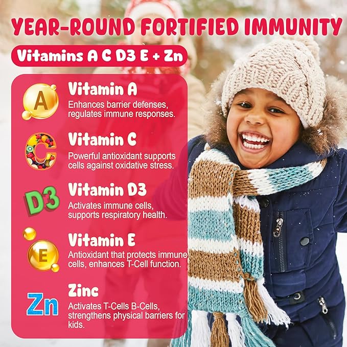 Kids Multivitamin + Immune Support Gummies, Vitamin C D3 & Zinc, Omega-3, Vitamin A, E, Elderberry, Kids Vitamin Gummies for Healthy Development, Immunity, Bone Growth & Eye Health, Sugar Free, 60 Cts