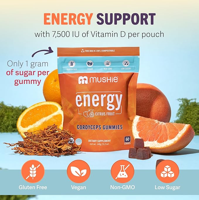Mushie 100% Organic Cordyceps Mushroom Gummies - 2000mg Cordyceps Militaris Nootropic for Energy & Immune Support with Vitamin D - Vegan, Gluten-Free - 60 Count