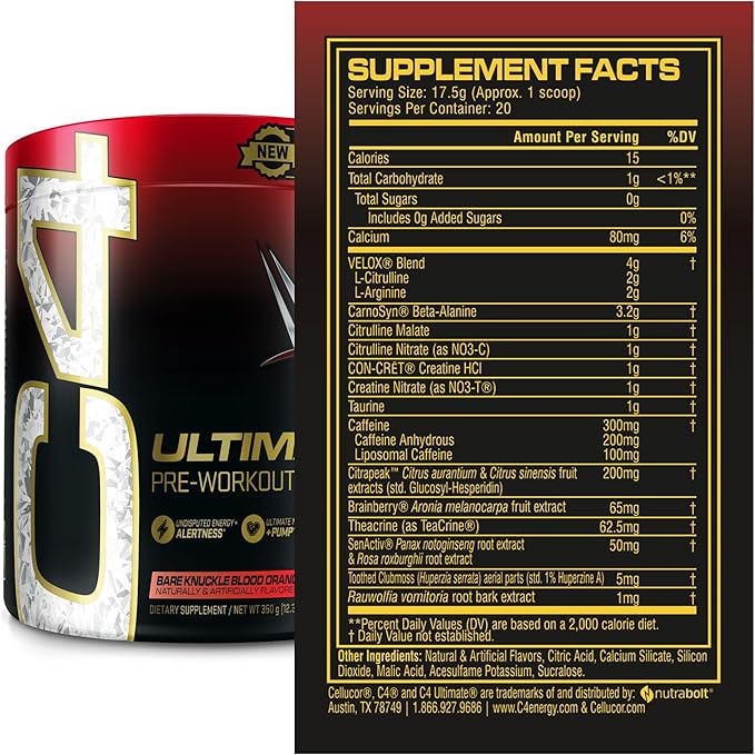 Cellucor C4 Ultimate Pre Workout Powder Bare Knuckle Blood Orange - Sugar Free Preworkout Energy Supplement for Men & Women - 300mg Caffeine + 3.2g Beta Alanine + 2 Patented Creatines - 20 Servings