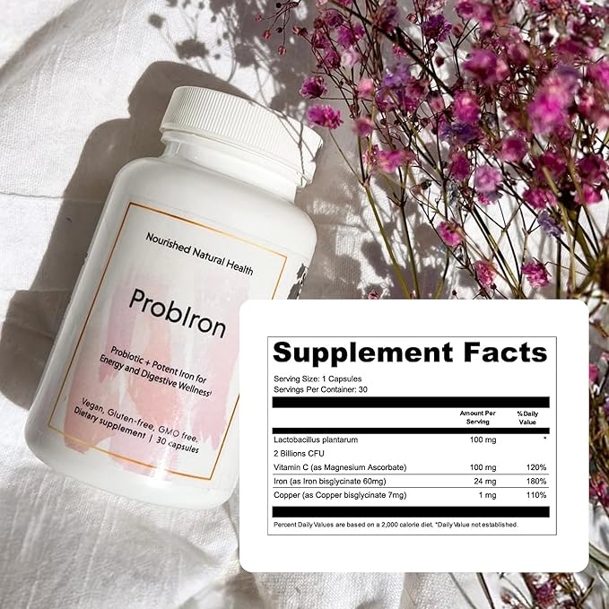 Nourished Natural Health ProbIron - Women's Probiotic + Iron Supplement Boosted with Vitamin C and Copper - Vegan Formula for Energy and Digestive Wellness - 30 Capsules