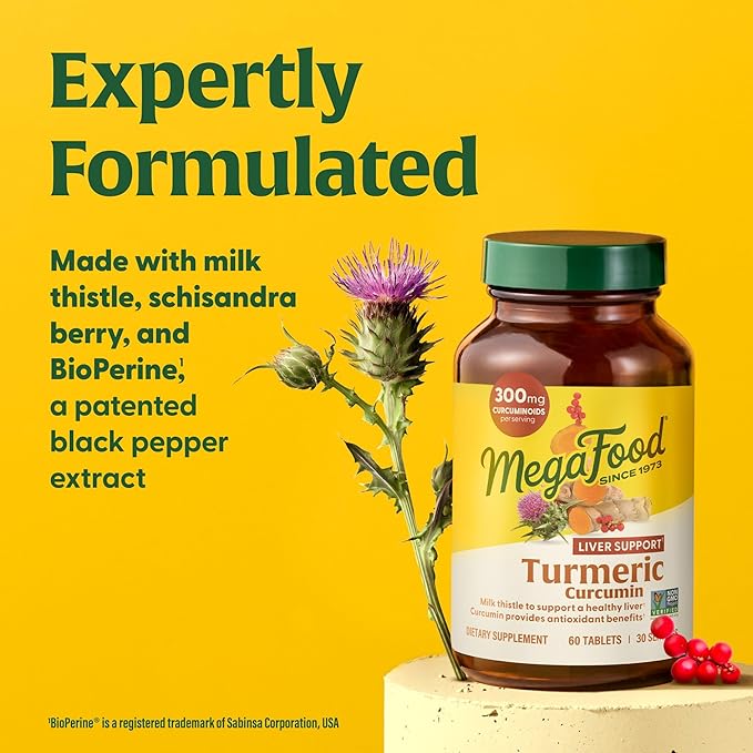 MegaFood Turmeric Curcumin Extra Strength - Liver Support - Turmeric Curcumin with Black Pepper and Milk Thistle Extract - Vegan - Made Without 9 Food Allergens - 60 Tabs (30 Servings)