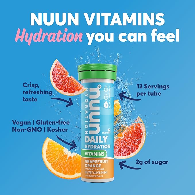 Nuun Hydration Vitamins Electrolyte Tablets, Grapefruit Orange, 5 Essential Electrolytes for Hydration + Vitamin A, B6, C, D, E, with Magnesium, Vegan, Non-GMO, 8 Pack (96 Servings)