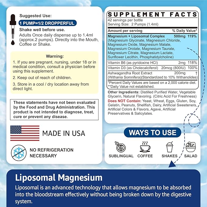 Liposomal Magnesium Glycinate Liquid Drop - With 8 Forms of Magnesium, Ashwagandha, D3 | Liquid Magnesium Supplement 500mg for Kids & Adults, for Calm, Sleep, Muscles & Energy | 2 Pack, 84 Days Supply