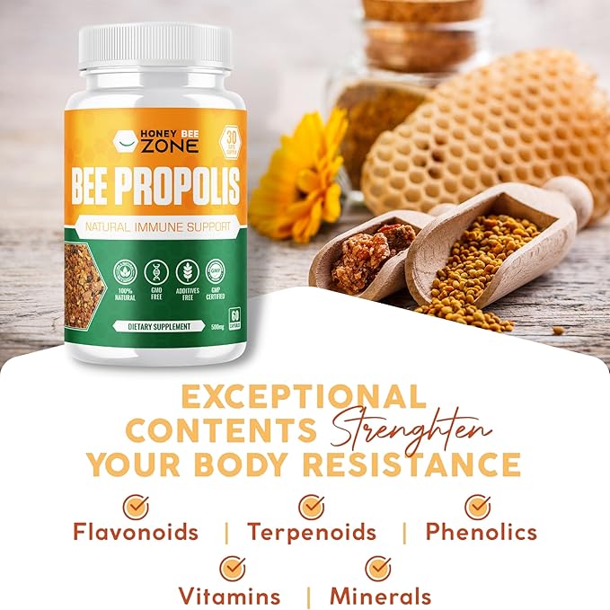 Bee Propolis Extract Capsules, Immune Support Supplement, Natural Immune Booster, Non-GMO Gluten-Free additive Free 500 mg 60 Vegan Capsules with Carob Powder for Men and Women