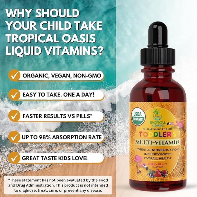 USDA Organic Kids Multivitamin with Iron for Toddlers | Organic Liquid Multivitamin Multimineral Drops for Kids Ages 1-3 | Immune Support for Toddlers | Sugar Free | Vegan | Non-GMO | 2 Fl Oz