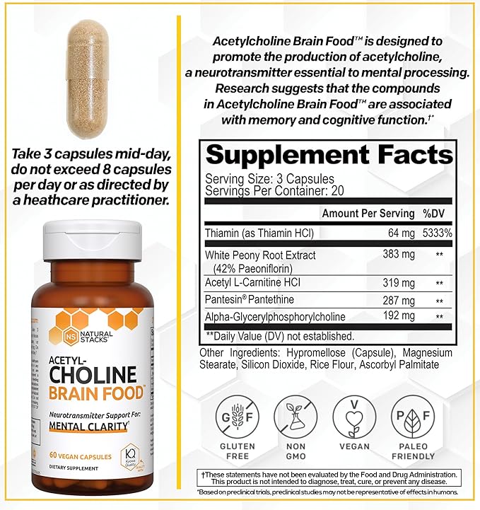 NATURAL STACKS Acetylcholine Alpha GPC 192 mg - 383 mg White Peony Root Extract + 287 mg Pantethine with Vitamin B1 and B5 - Supports Mental Clarity - 60 Acetylcholine Capsules