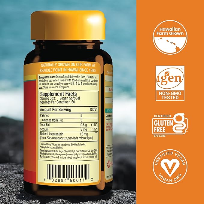 Nutrex Hawaii Vegan BioAstin Hawaiian Astaxanthin - 12mg, 50 Softgels - Farm-Direct Premium Antioxidant Supplement to Support Eye, Skin, Joint & Immune System Health - Vegan, Non-GMO & Gluten-Free